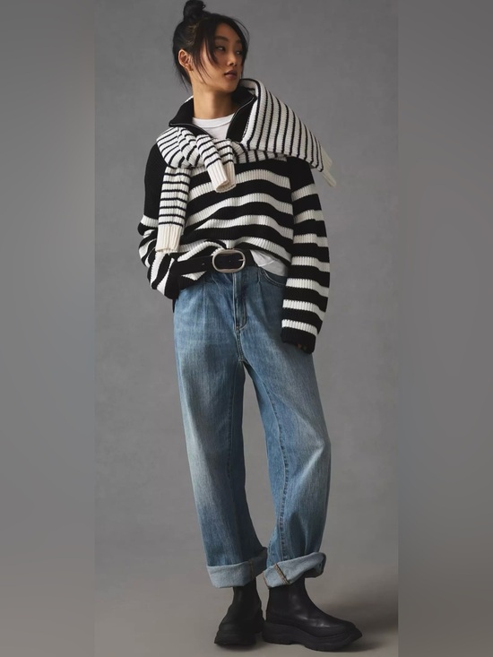 English Factory Sweaters - English Factory Black & White Striped Quarter-Zip Sweater Size M